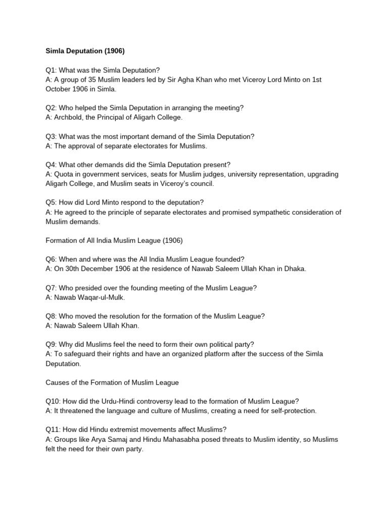 Simla Deputation (1906) | PDF | All India Muslim League | Partition Of ...