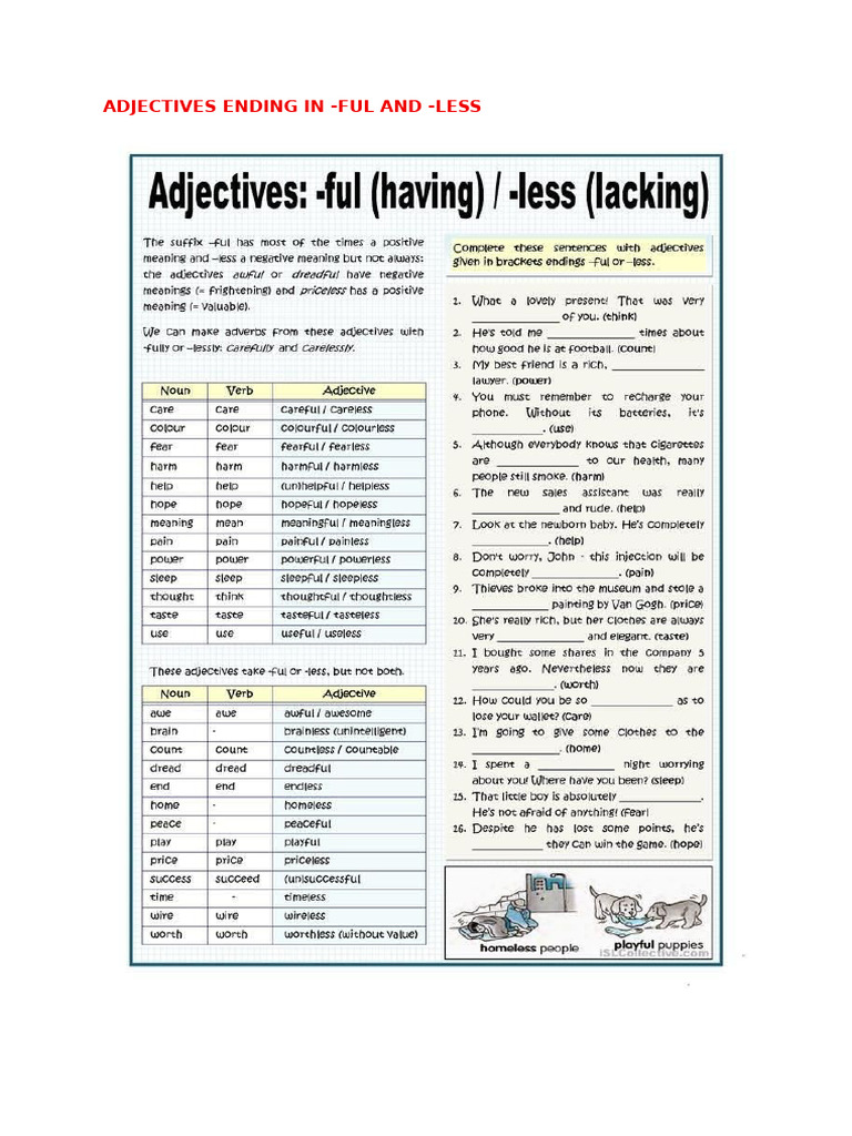 Adjectives Ending in Ful and Less | PDF