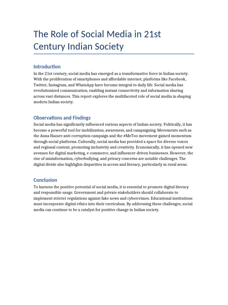 Impact of Social Media on Indian Society | PDF