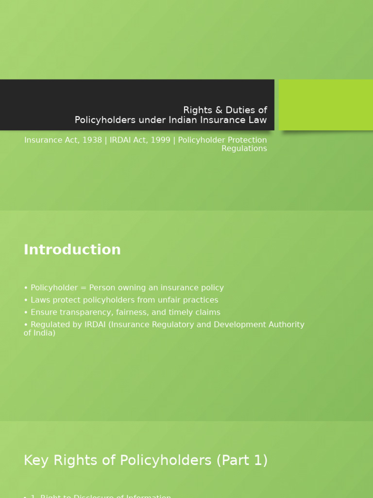 Rights & Duties of Policyholders Under Indian Insurance Law | PDF