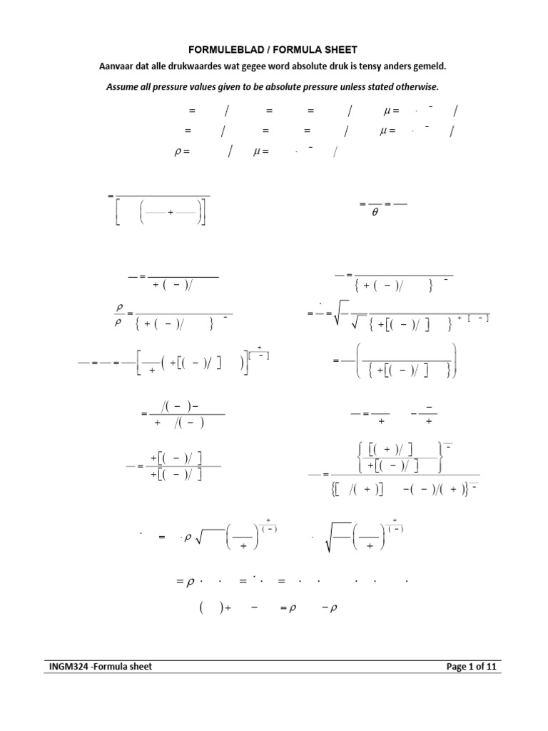 INGM324+ Formula+Sheet+ Complete | PDF | Thermodynamics | Fluid Mechanics