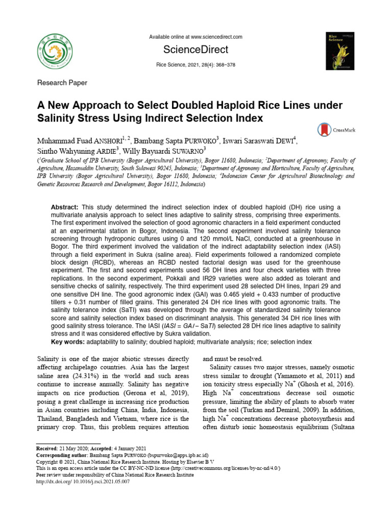 Salinity Tolerance in Doubled Haploid Rice | PDF | Regression Analysis ...