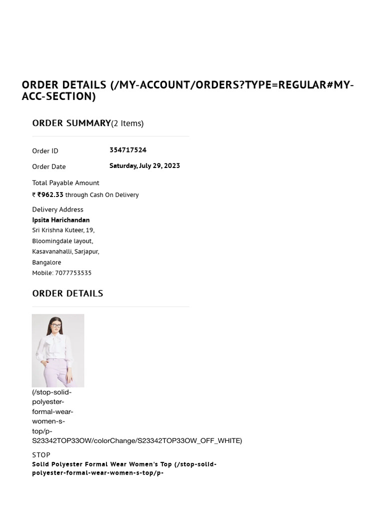 Order Summary for Women's Tops Purchase | PDF
