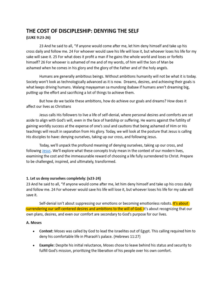 Cost of Discipleship: Denying Self | PDF | Jesus | Disciple (Christianity)