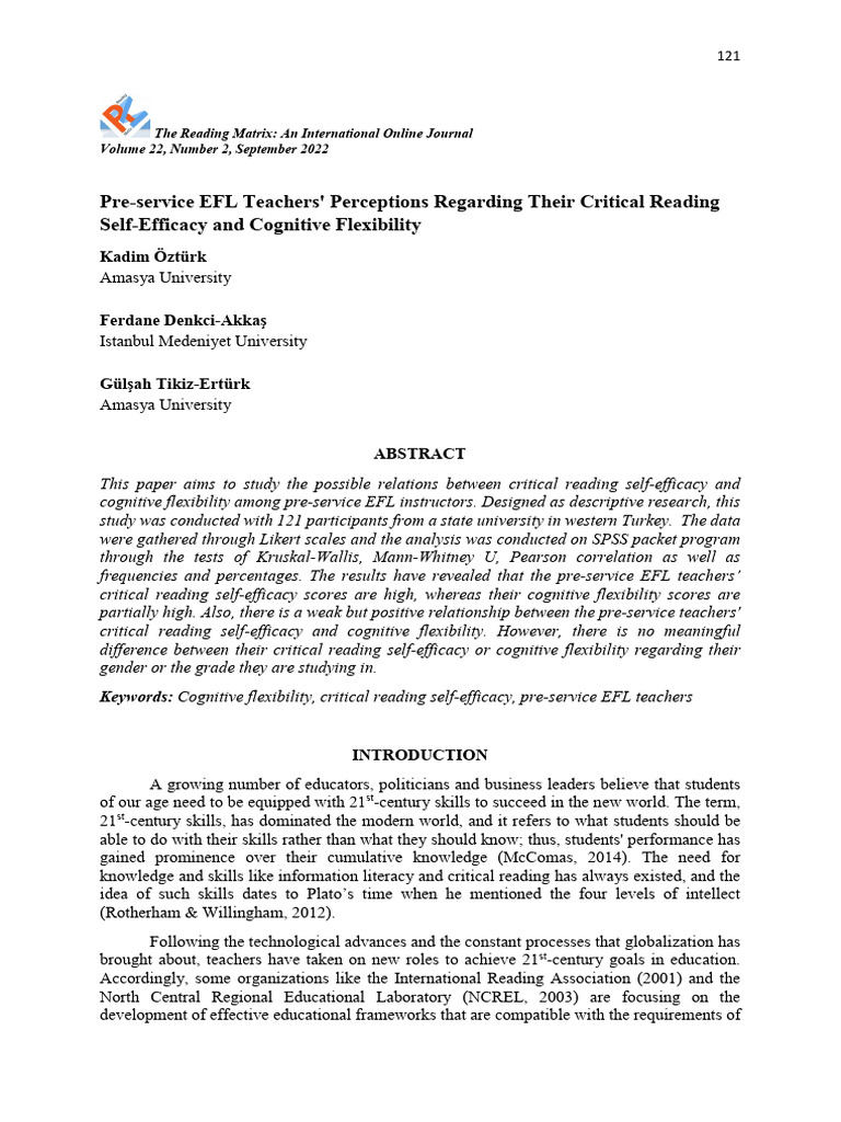EFL Teachers' Critical Reading Self-Efficacy | PDF | Self Efficacy ...