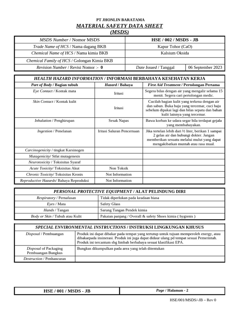 MSDS Kapur Tohor (CaO) PT Jhonlin | PDF