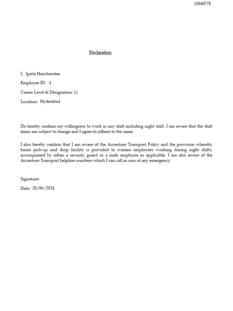 Employee Shift Confirmation Declaration | PDF