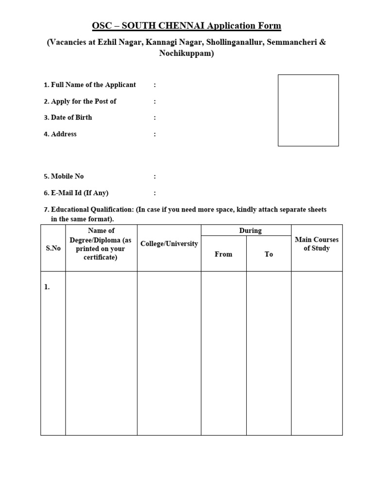 OSC South Chennai Job Application Form | PDF | Chess | Chess Theory