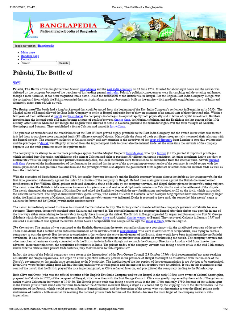 Palashi, The Battle of - Banglapedia | PDF | Bengal