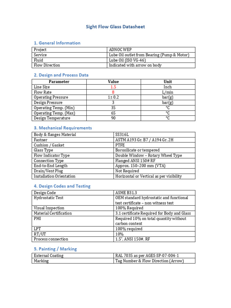Sight Flow Glass Datasheet Overview | PDF