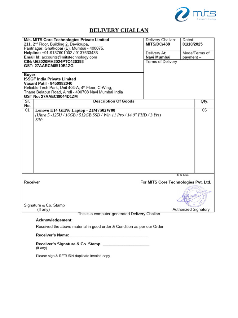 MITS Delivery Challan for Lenovo Laptop | PDF
