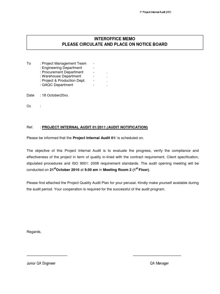 Project Internal Audit Notification
