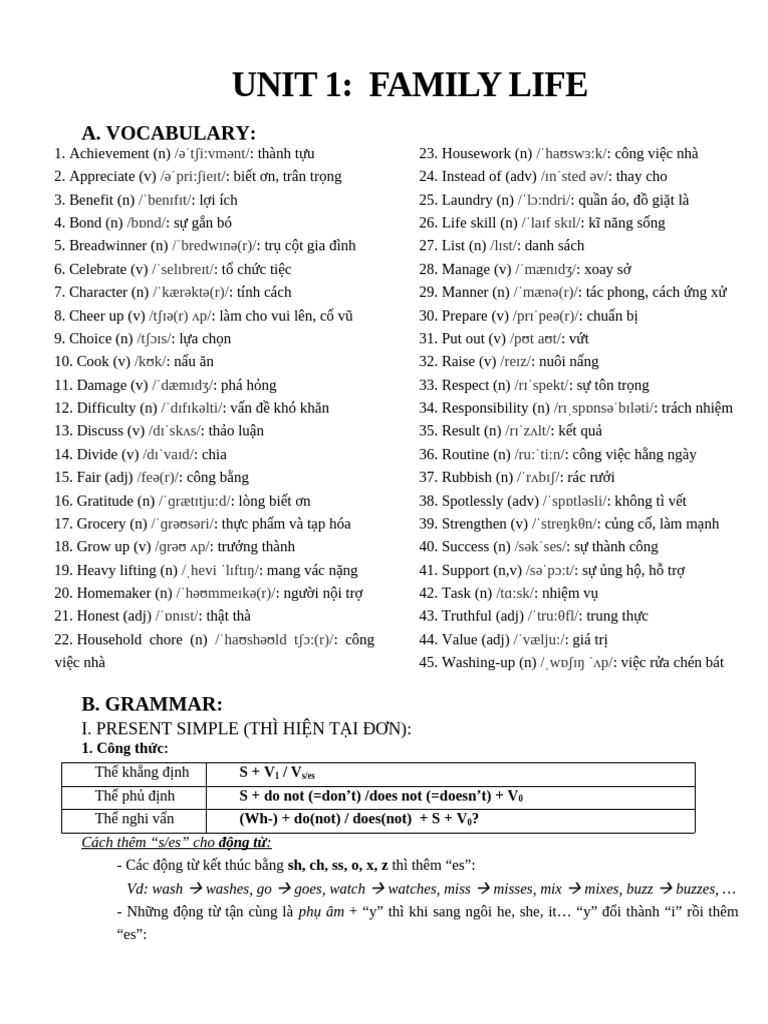 UNIT 1 - Vocabulary and Grammar | PDF