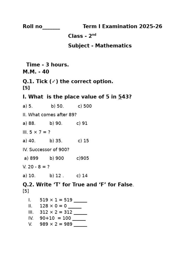 Class 2 Mathematics Exam Paper 2025-26 | PDF