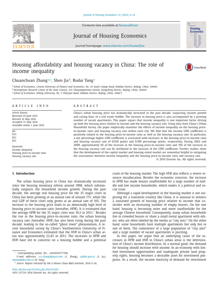 Housing Affordability and Housing Vacancy in China The Role Ofincome ...