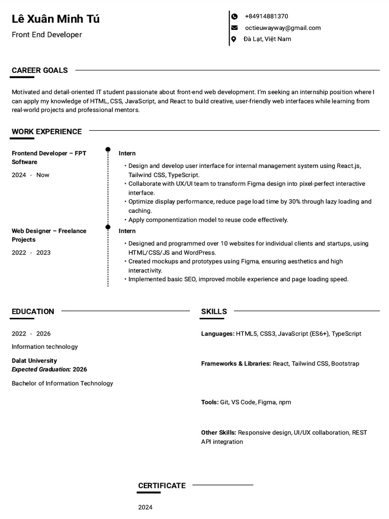 Front End Developer Internship Resume | PDF | Web Design | Information ...