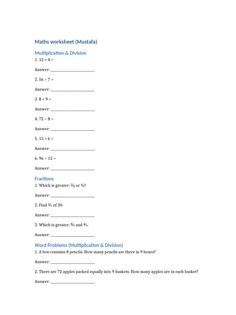 Maths Worksheet Mustafa | PDF