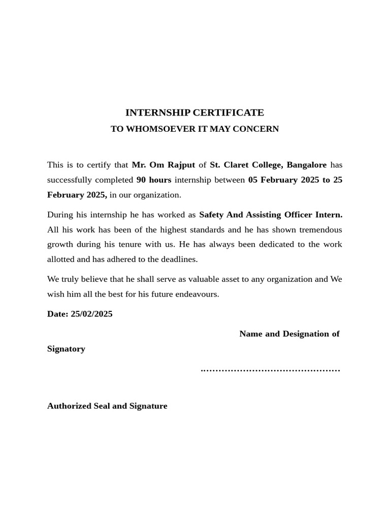 Internship Certificate Format | PDF