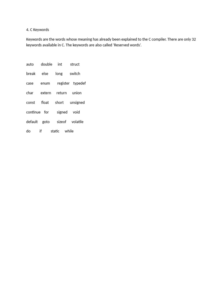 C Language Reserved Keywords List | PDF