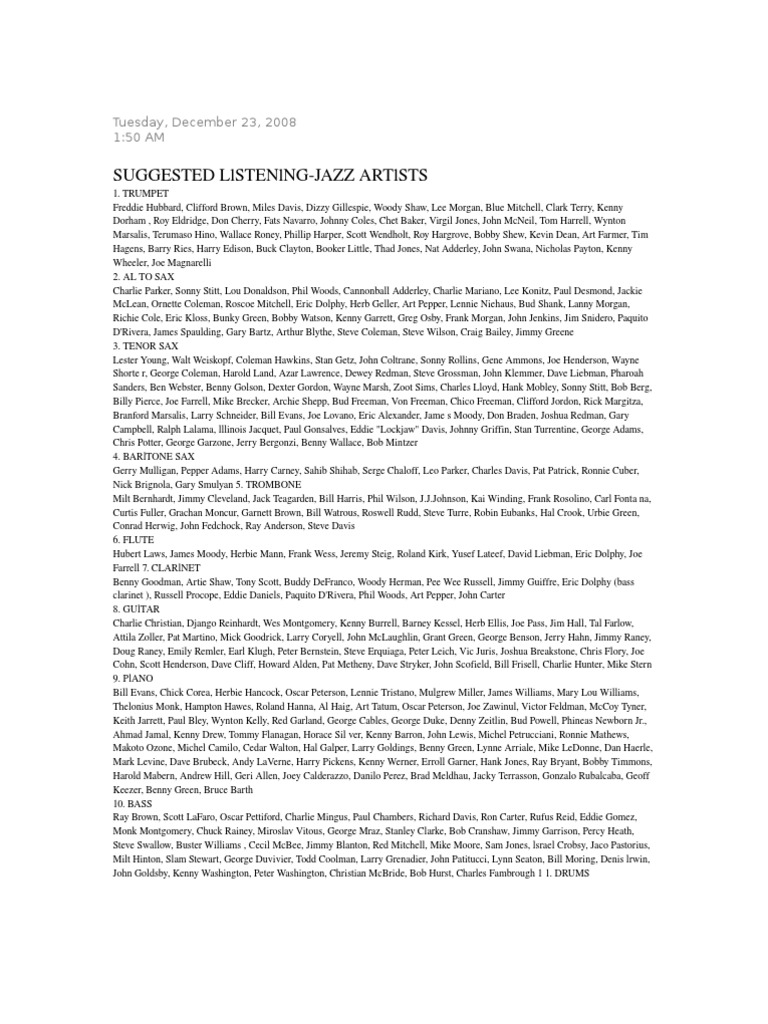 Essential Jazz Artists by Instrument | PDF