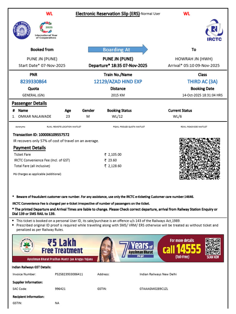 IRCTC E-Ticket Reservation Details | PDF | Identity Document | Payments