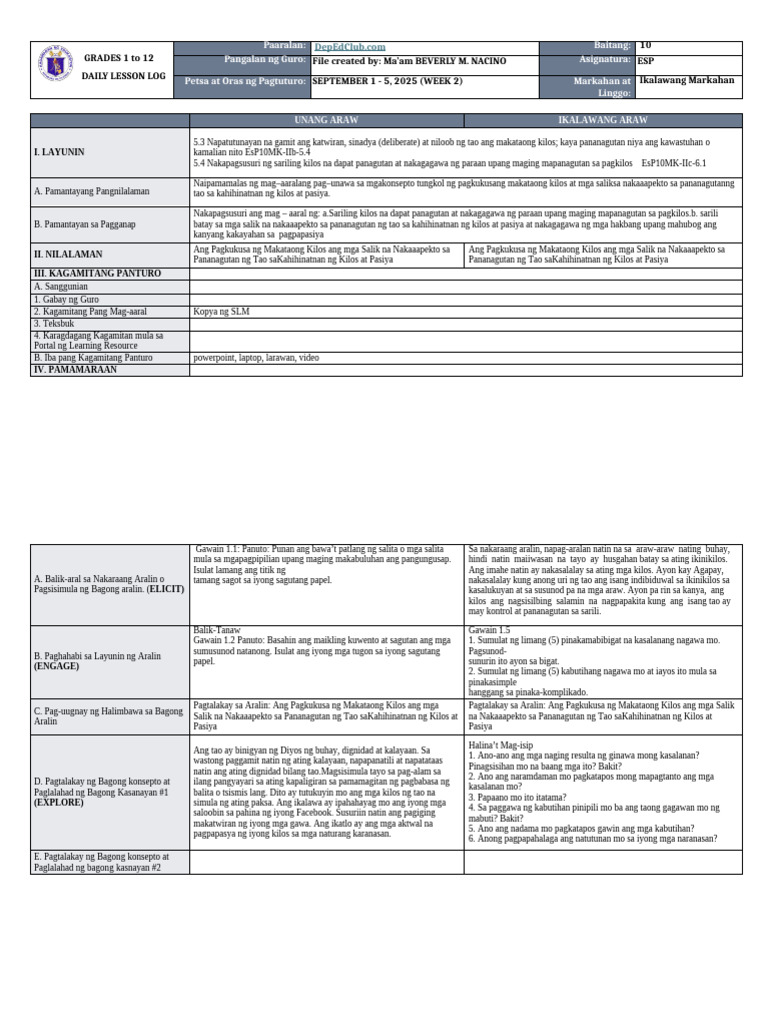DLL - Esp 10 - Q2 - W2 | PDF