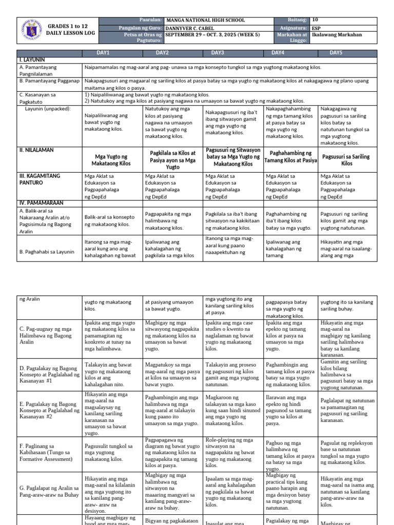 DLL - Esp 10 - Q2 - W5 | PDF