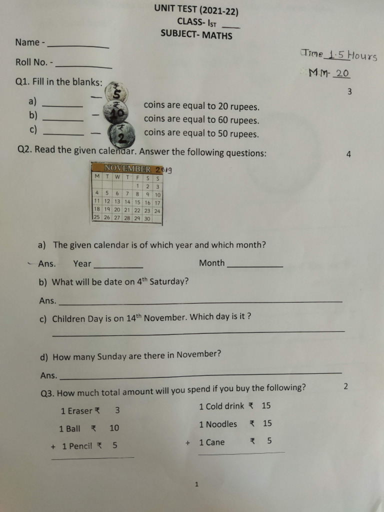 Class 1final Examination | PDF
