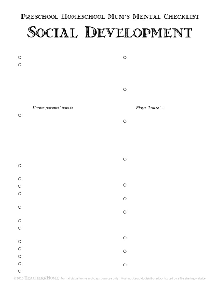 Preschool Social Development Checklist | PDF | Friendship | Behavior ...