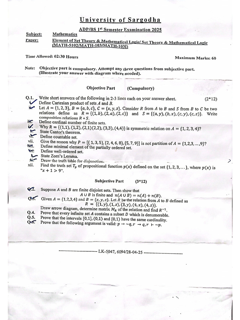 BS Math, ADP 1st Semester 2025 Past Papers | PDF