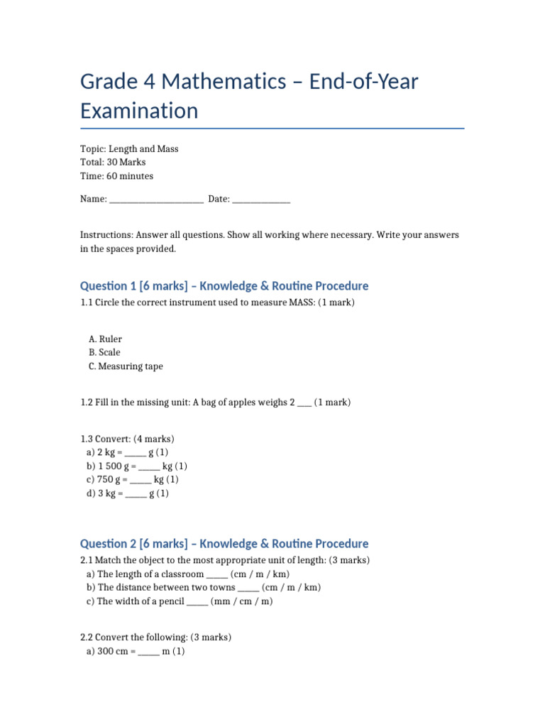 Grade 4 Math Exam: Length & Mass | PDF
