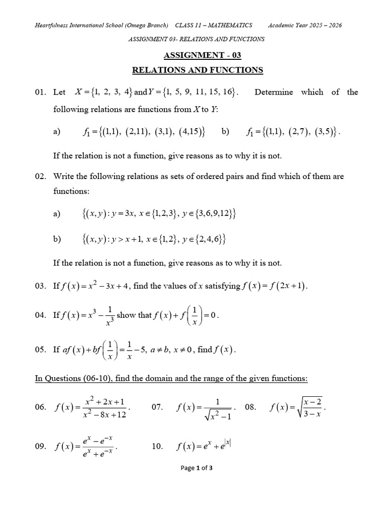Class 11 Math Assignment: Relations & Functions | PDF | Function ...