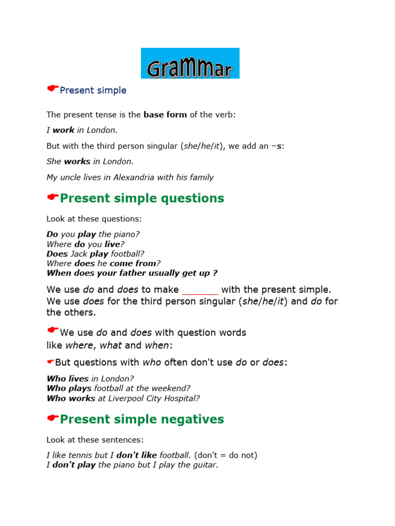 Present Simple Tense Guide | PDF | Question | Syntax