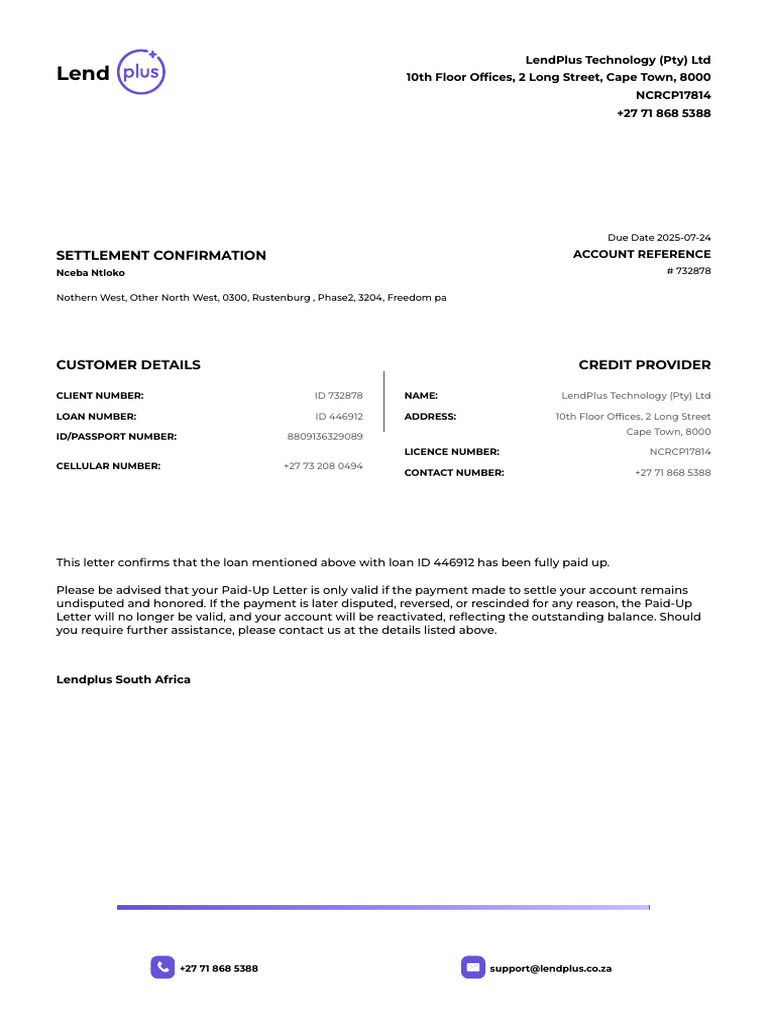 LendPlus Settlement Confirmation Letter | PDF