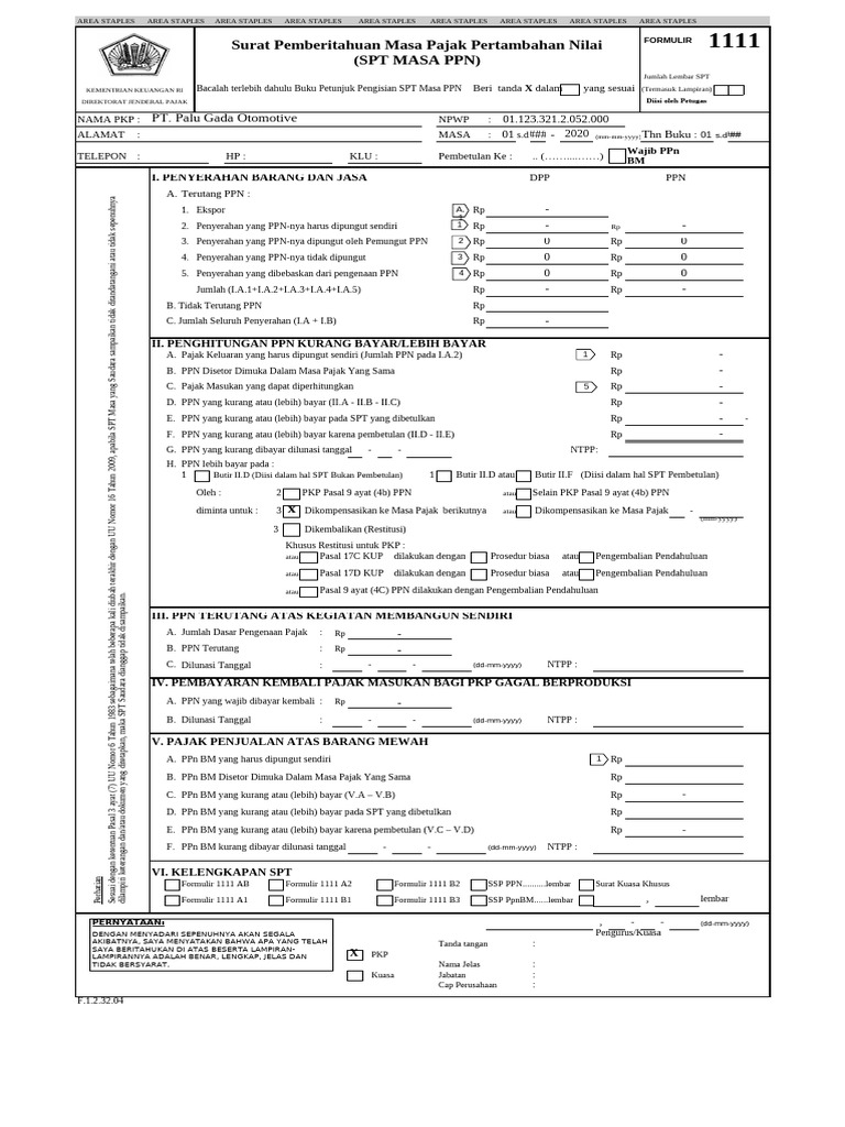 Formulir SPT Masa PPN 1111 untuk PKP | PDF