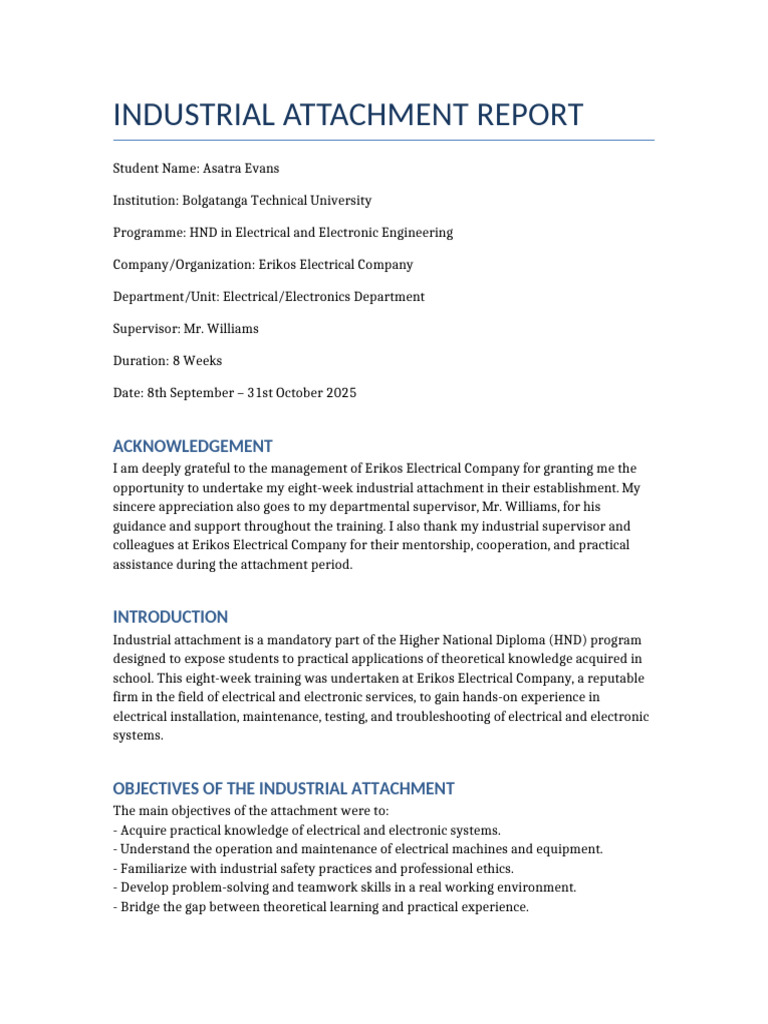 Industrial Attachment Report: Erikos Electrical | PDF | Electrical ...
