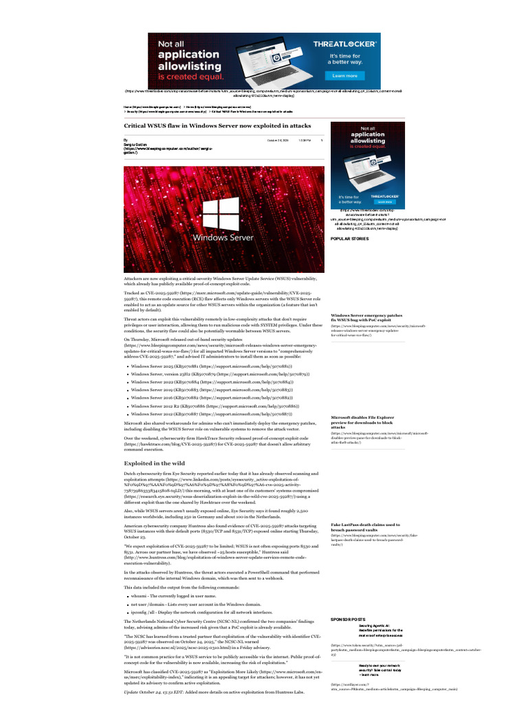 WSUS Vulnerability Exploited: CVE-2025-59287 | PDF | Security ...