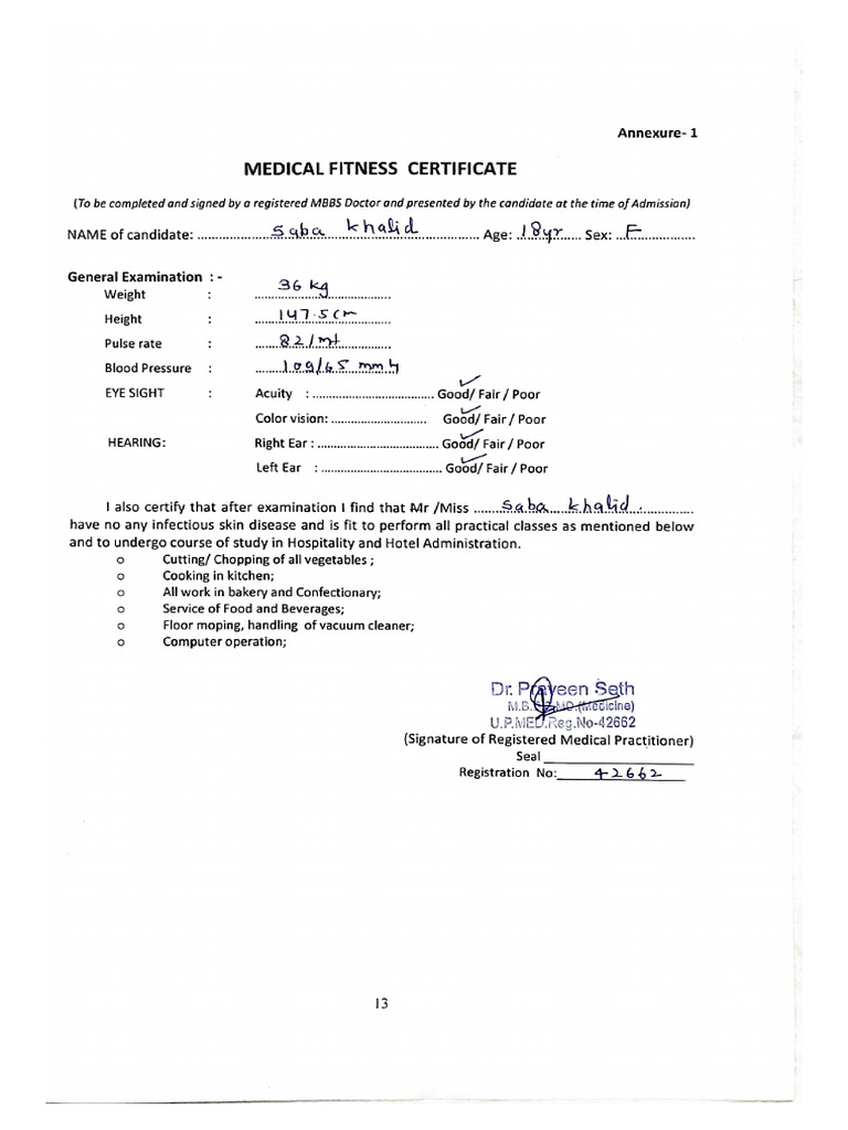 Medical Certificate Saba Khalid | PDF