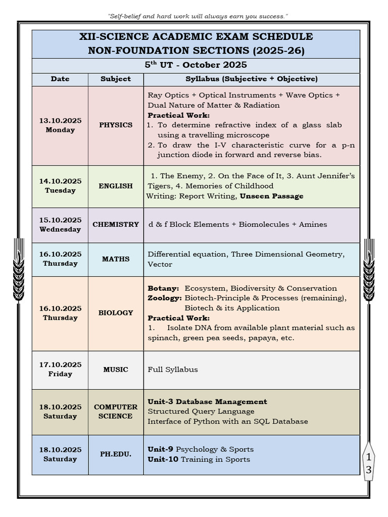 XII Science Exam Schedule 2025-26 | PDF | Optics | Mathematics