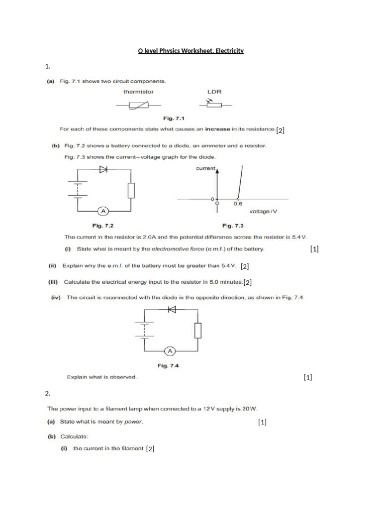 O Level Physics: Electricity Worksheet | PDF