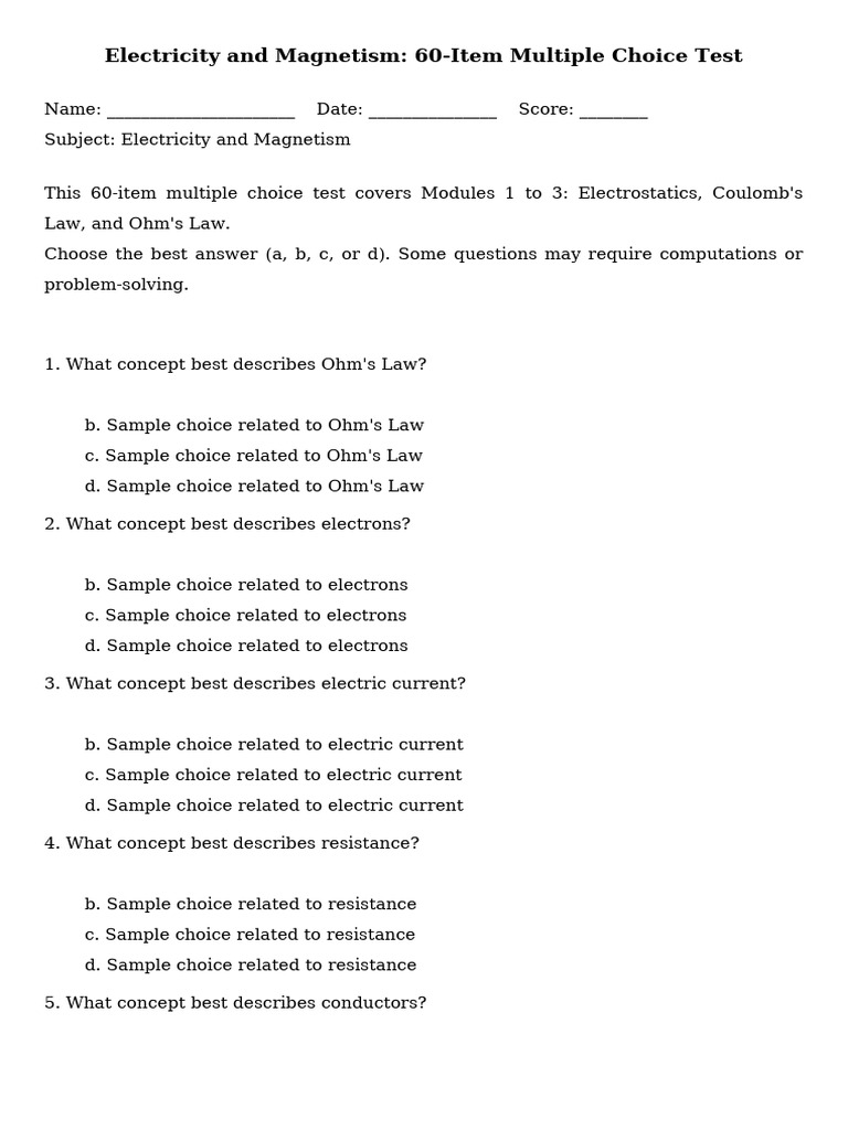 Electricity and Magnetism 60 Item Test Final Printable | PDF | Electric ...