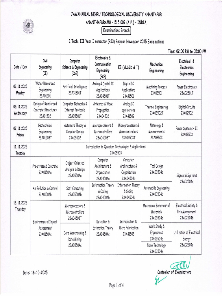 Timetables For B.tech III Year I Sem R23 Reg Supply Nov 2025 Exams | PDF