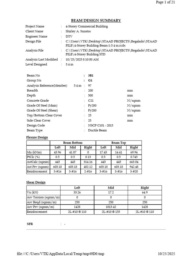 Beam Design Summary for 4-Storey Building | PDF | Beam (Structure ...