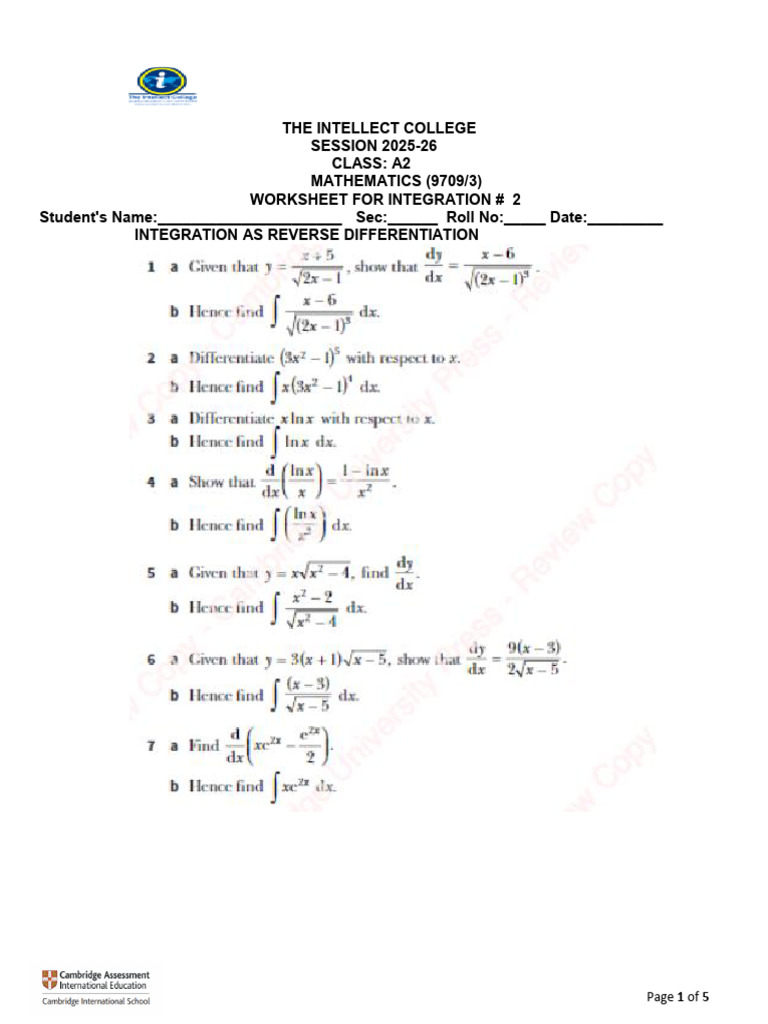 Integration Worksheet for A2 Mathematics | PDF
