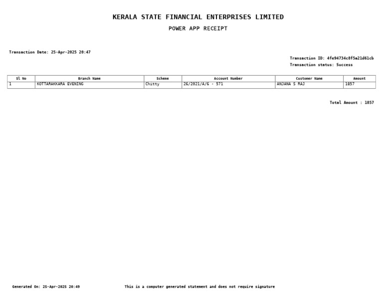 Kerala Chitty Payment Receipt | PDF