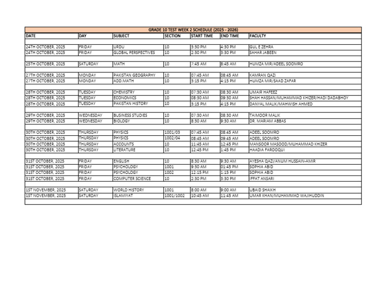 Class 10 Test Exam Schedule 2025 | PDF