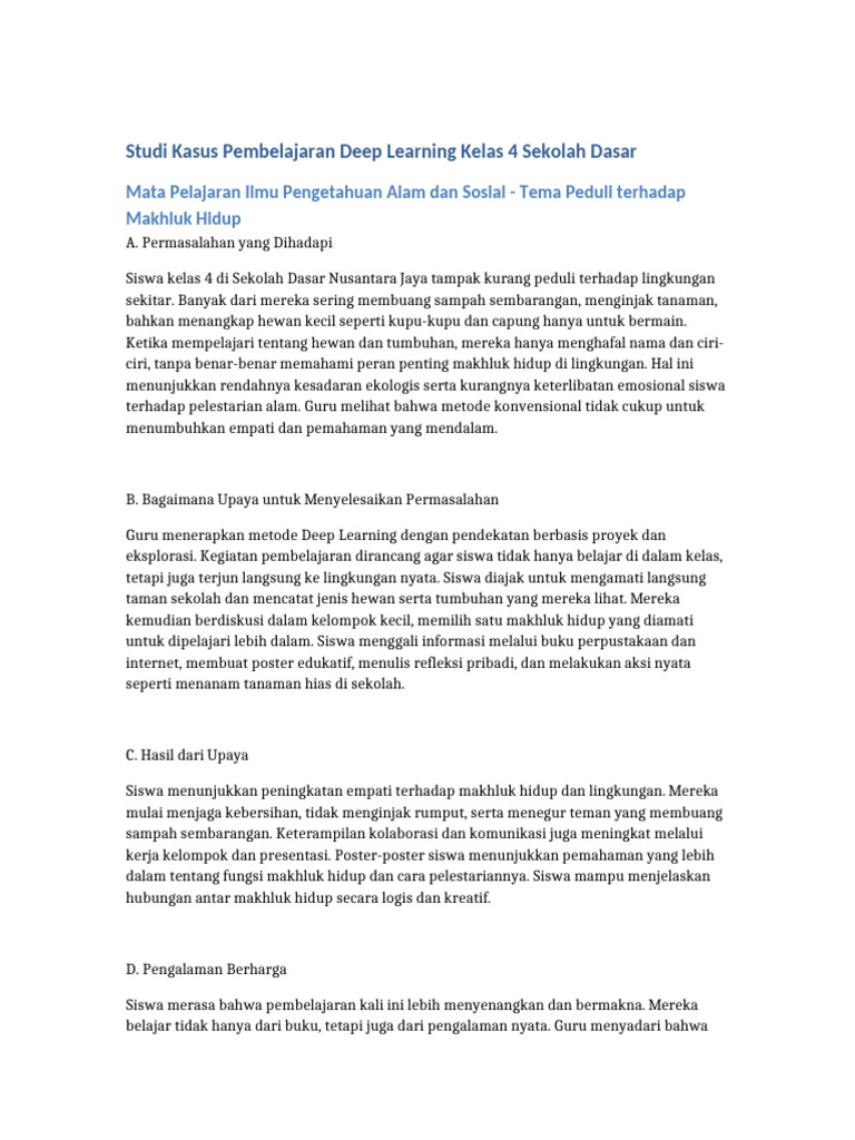 Studi Kasus Deep Learning Kelas 4 SD | PDF