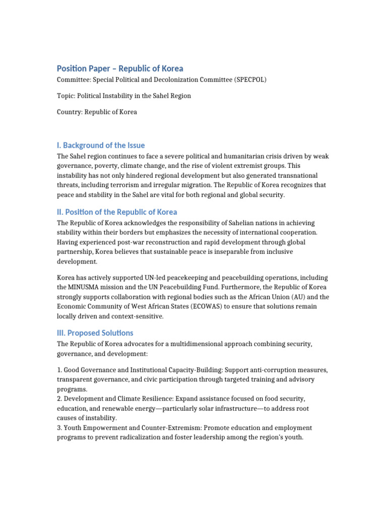 SPECPOL Position Paper Republic of Korea | PDF | Peacebuilding | Global ...
