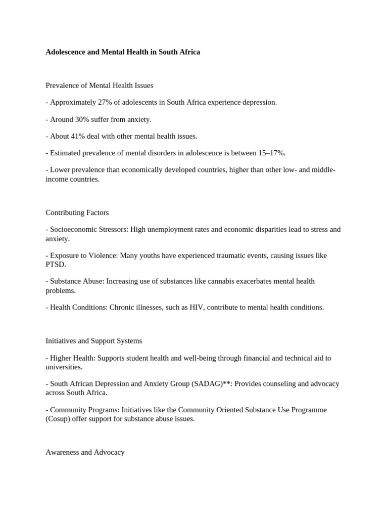 Adolescent Mental Health in South Africa | PDF | Self Esteem | Mental ...