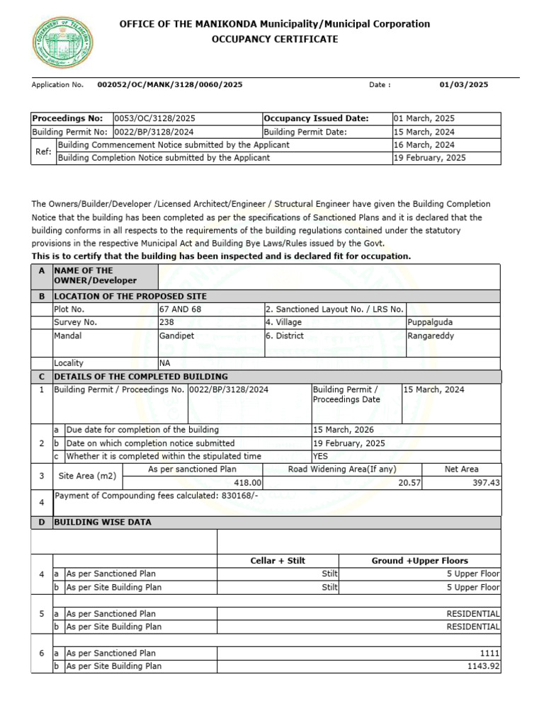 Manikonda Municipality Occupancy Certificate | PDF